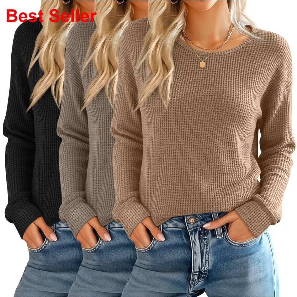 3 Pack Waffle Knit Long Sleeve Thermal Tops Slim Fit Crew Neck